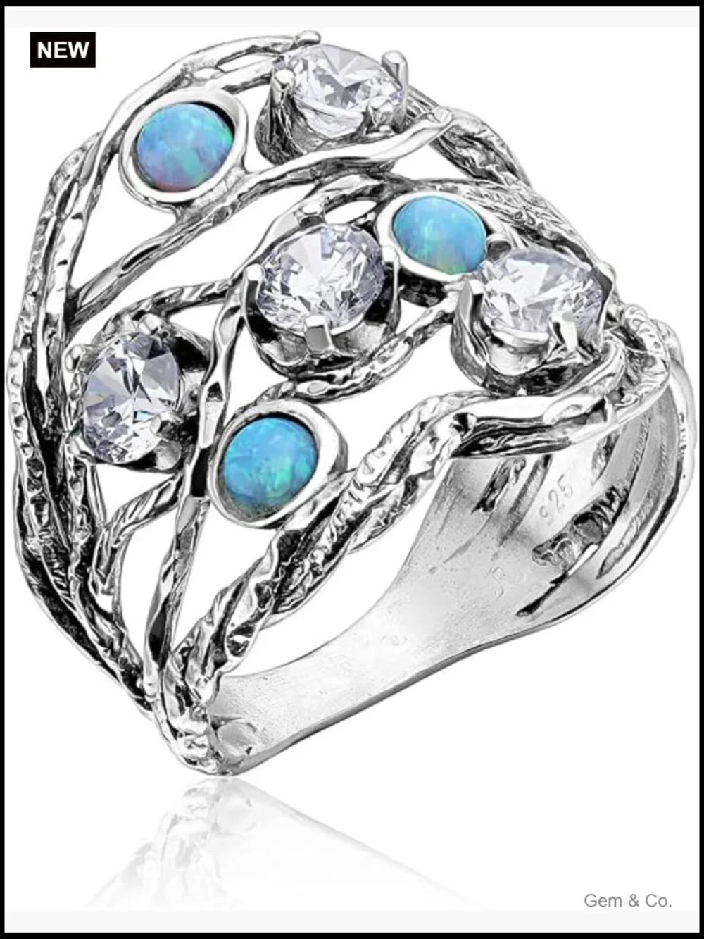 925 Sterling Silver Ring - 3 Opal & 4 Cubic Zirconia - Vintage Statement Ring -